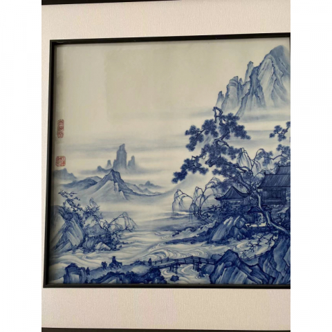 寻梅仿友图  纯手绘青花瓷板画  艺术家作品