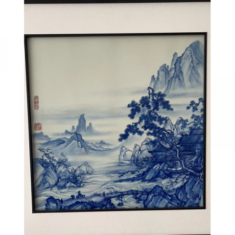 寻梅仿友图  纯手绘青花瓷板画  艺术家作品